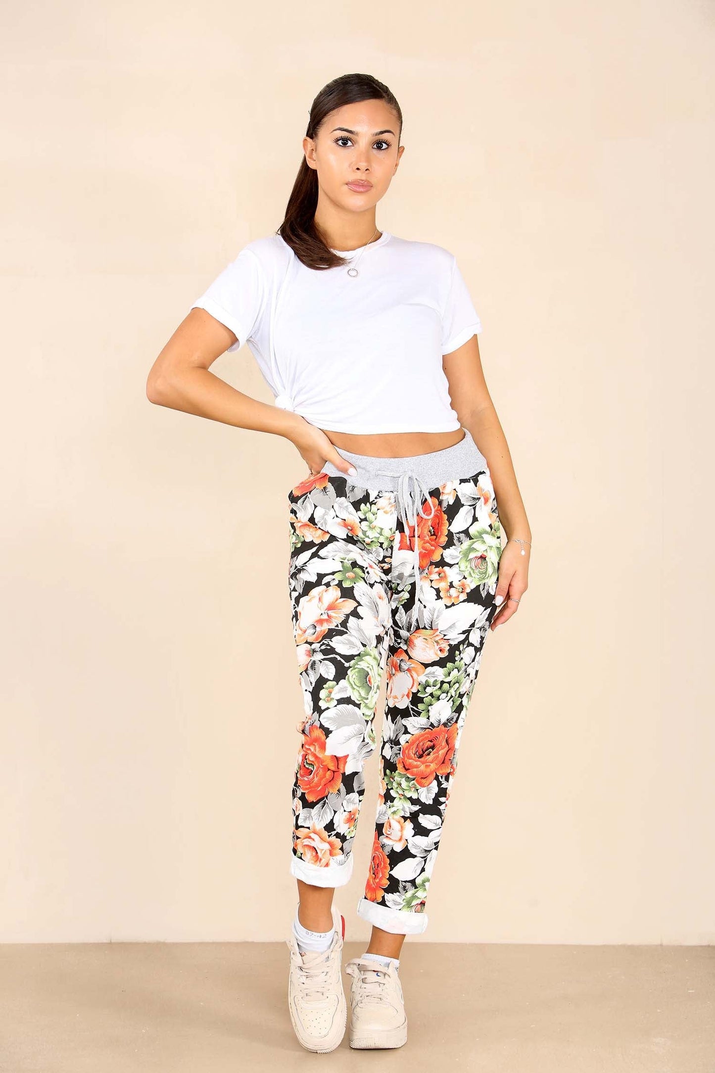 Italian Floral Print Drawstring Cotton Joggers