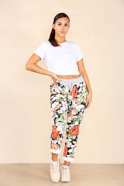 Italian Floral Print Drawstring Cotton Joggers