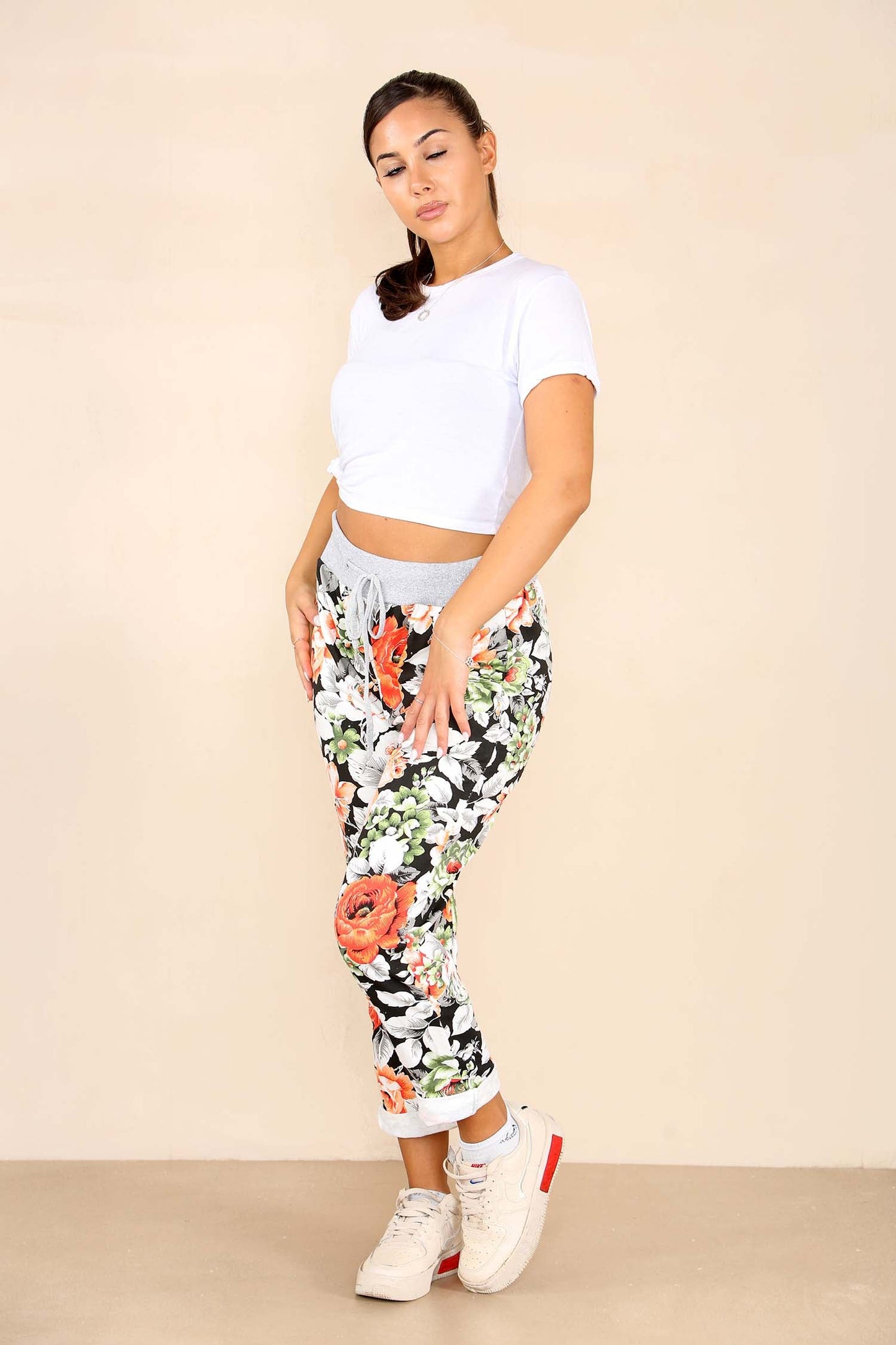 Italian Floral Print Drawstring Cotton Joggers