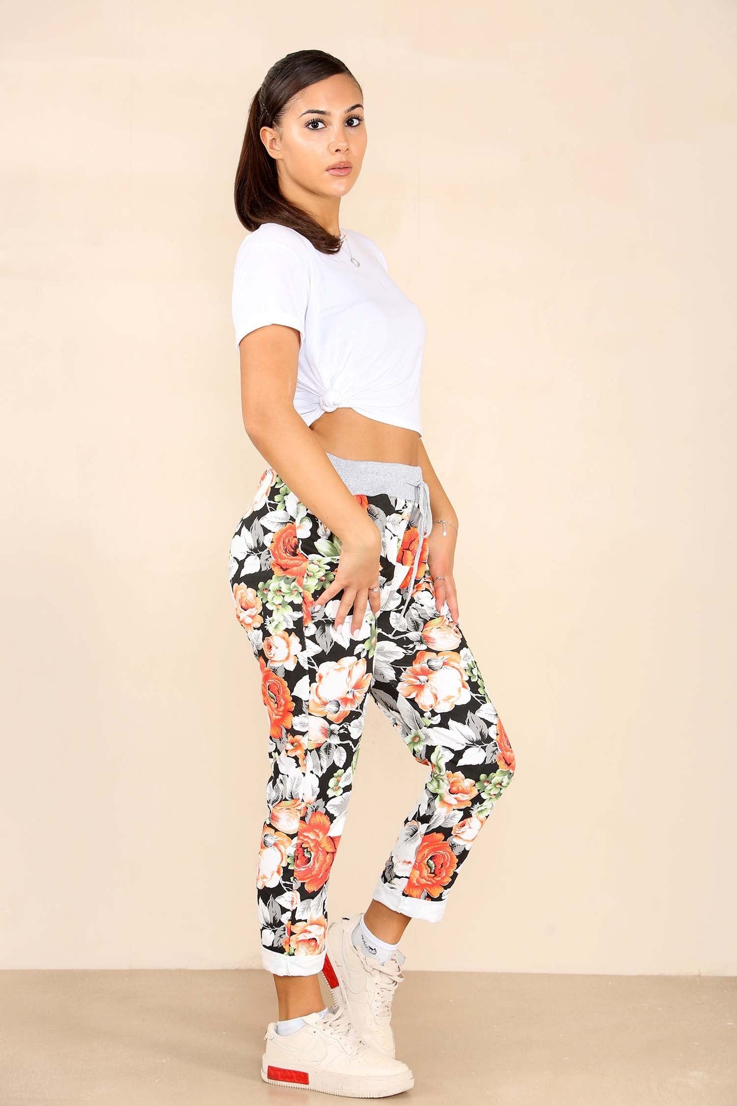 Italian Floral Print Drawstring Cotton Joggers