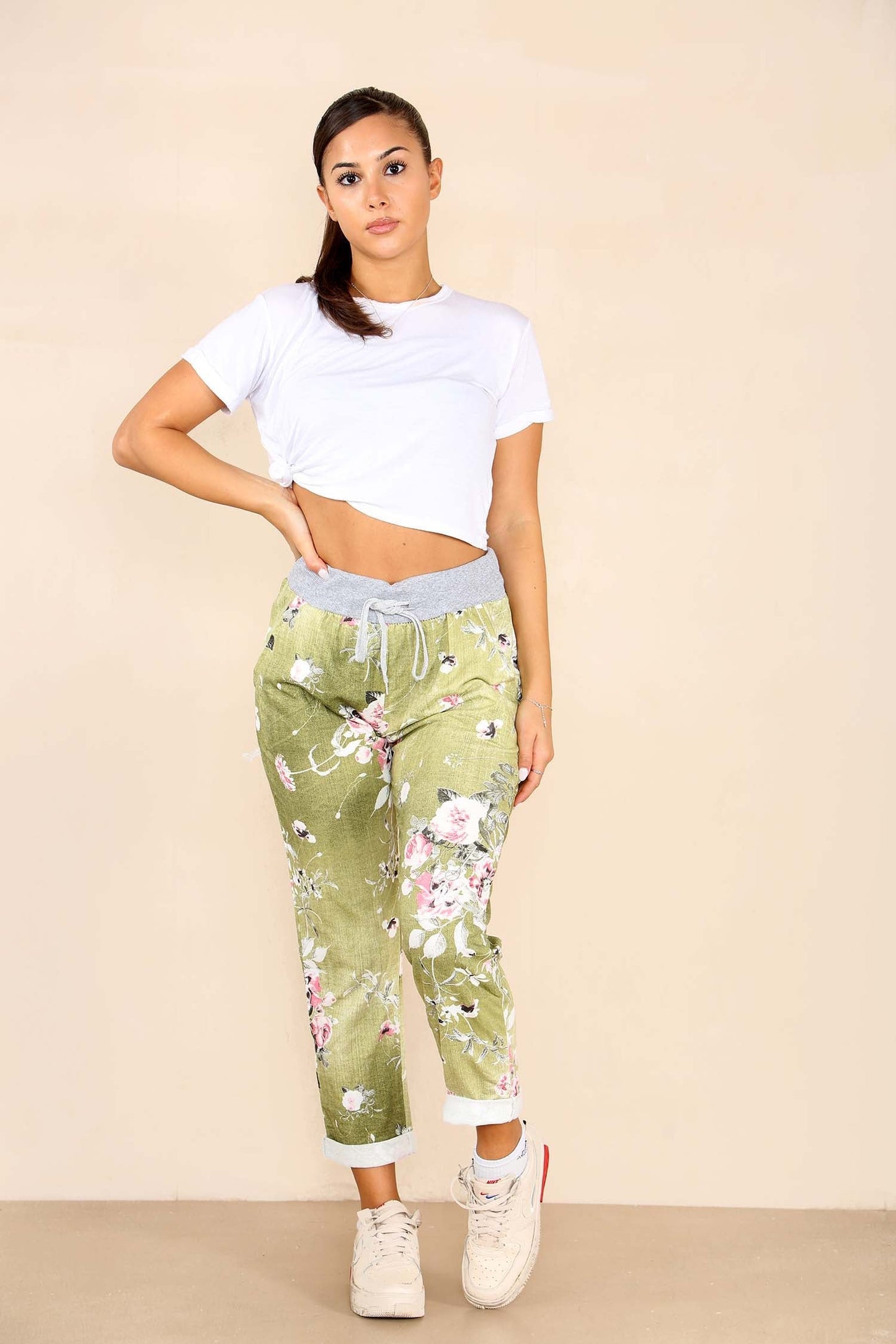 Italian Floral Print Drawstring Cotton Joggers