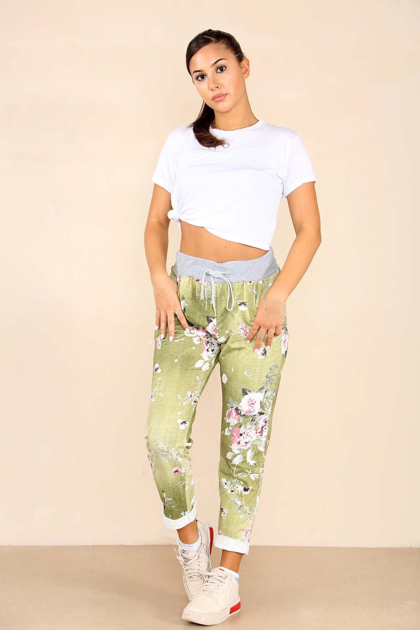 Italian Floral Print Drawstring Cotton Joggers