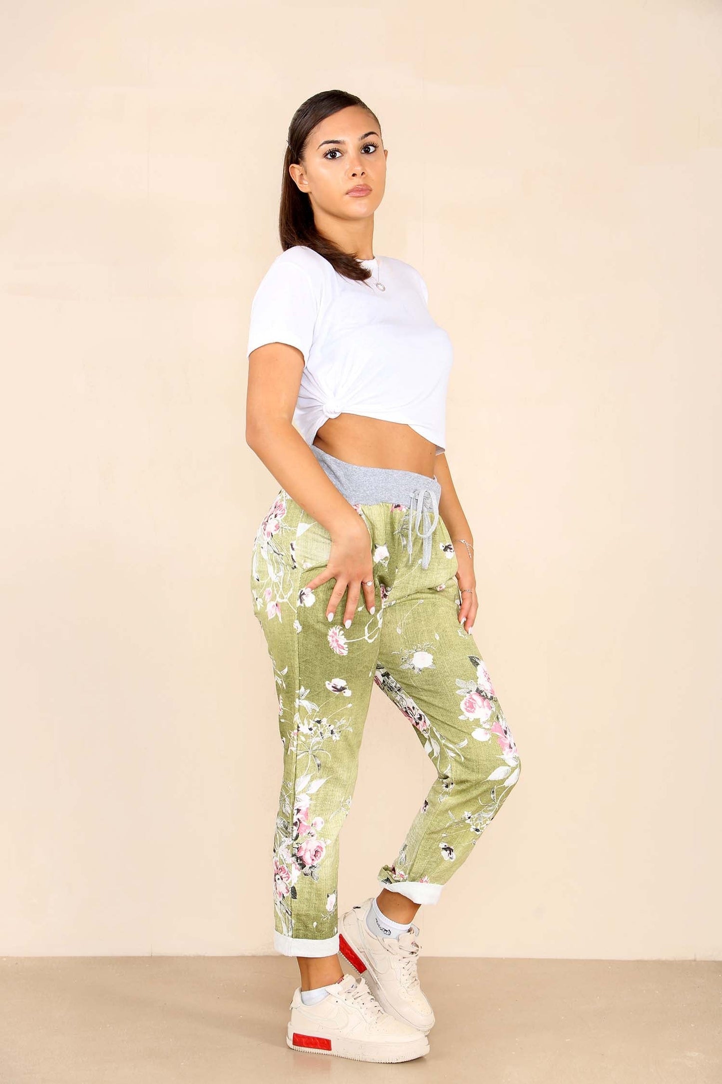Italian Floral Print Drawstring Cotton Joggers