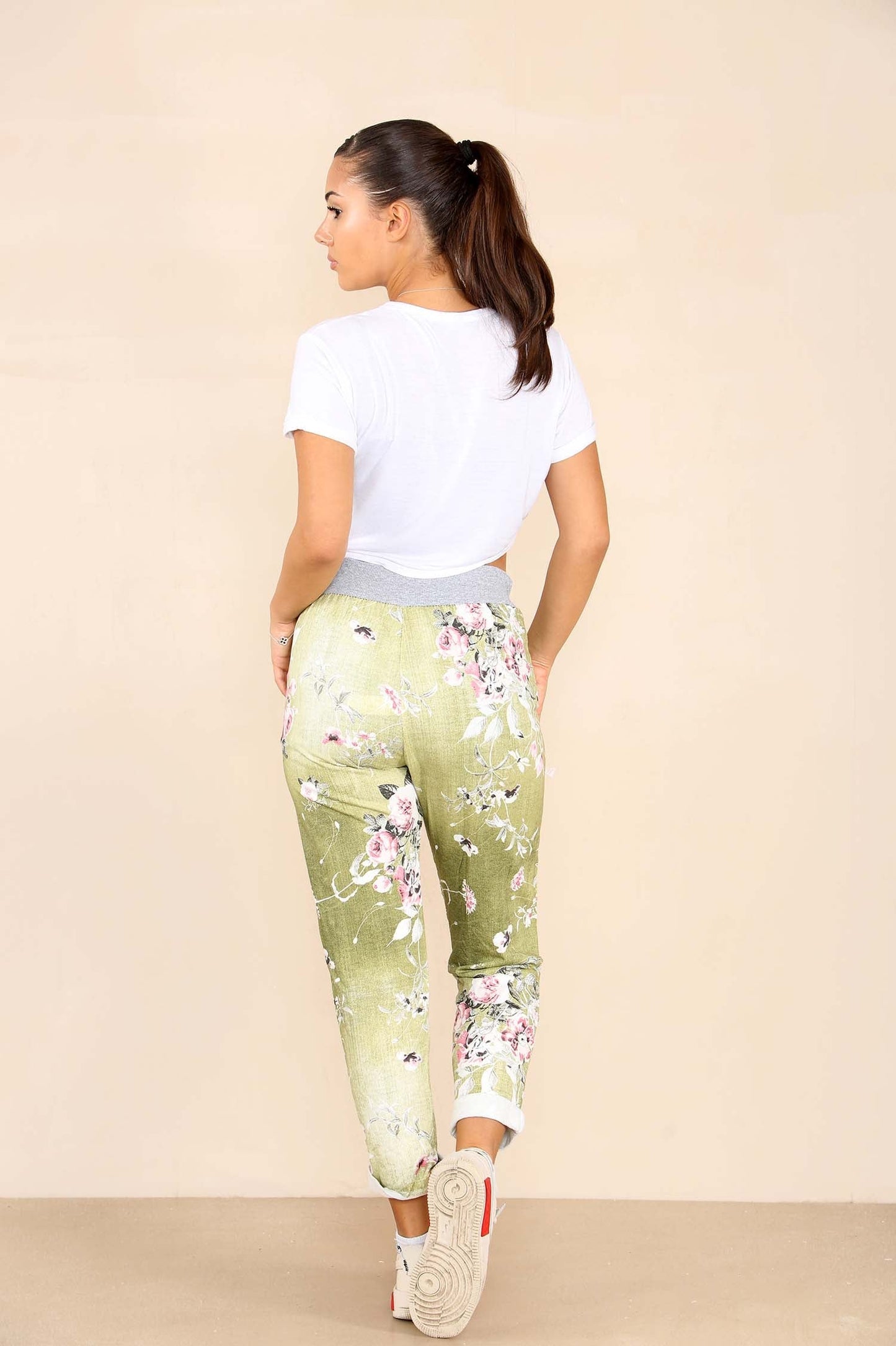 Italian Floral Print Drawstring Cotton Joggers