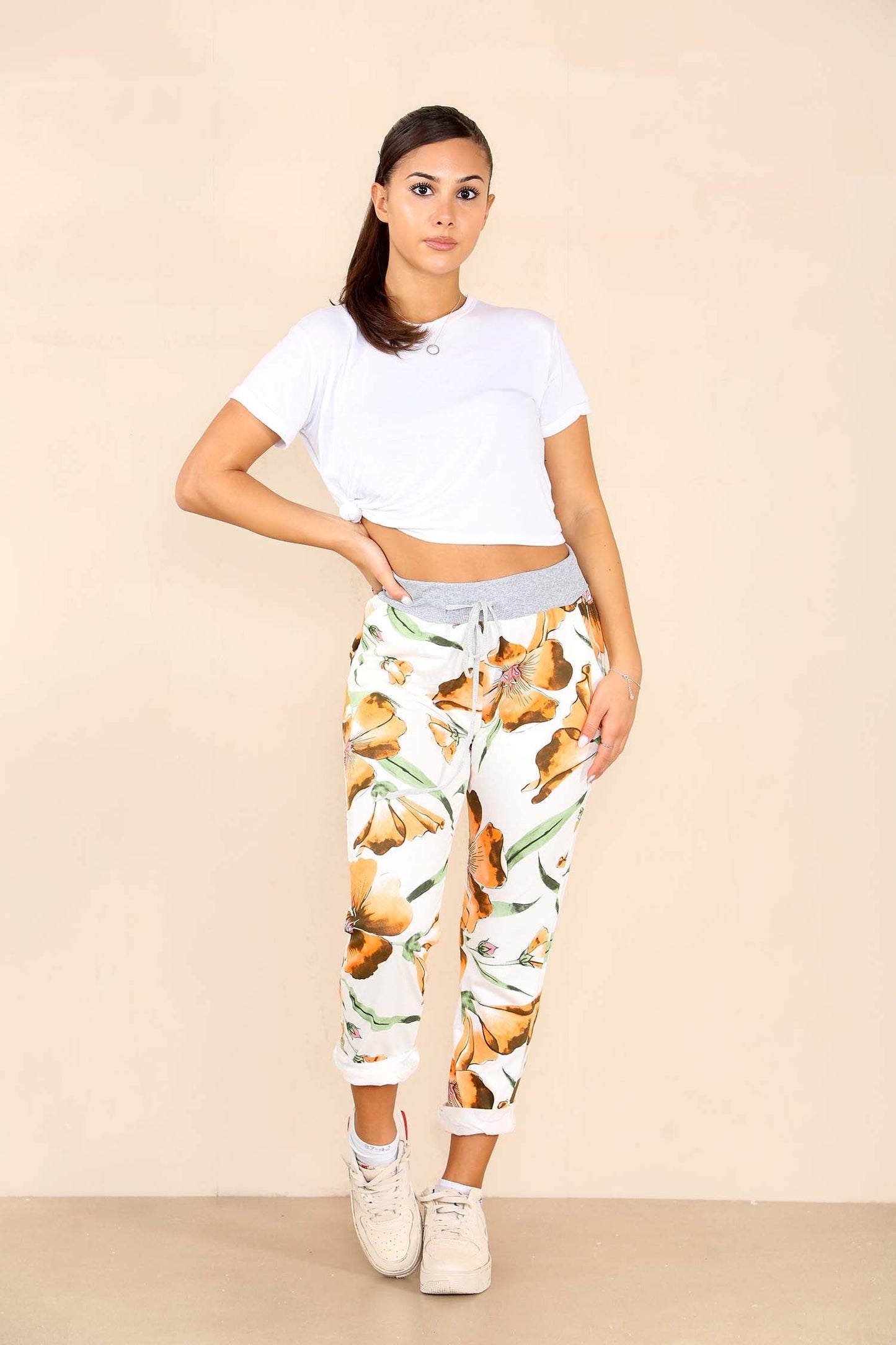 Italian Floral Print Drawstring Cotton Joggers