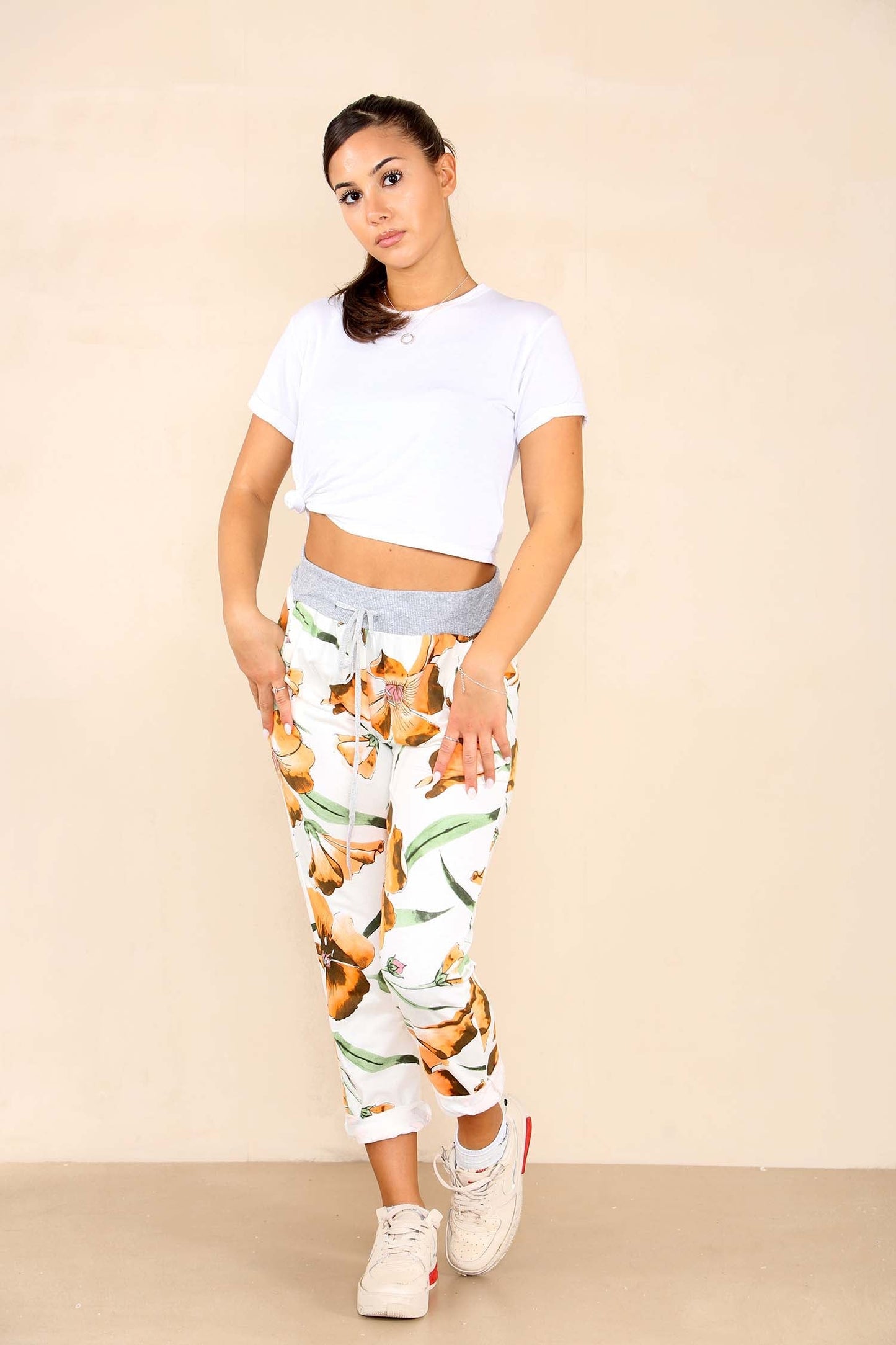 Italian Floral Print Drawstring Cotton Joggers