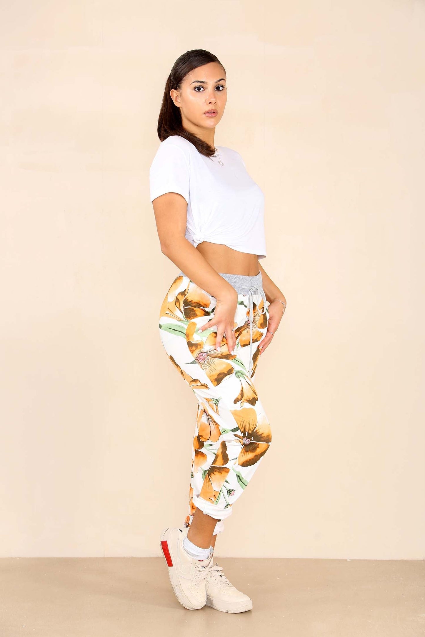 Italian Floral Print Drawstring Cotton Joggers