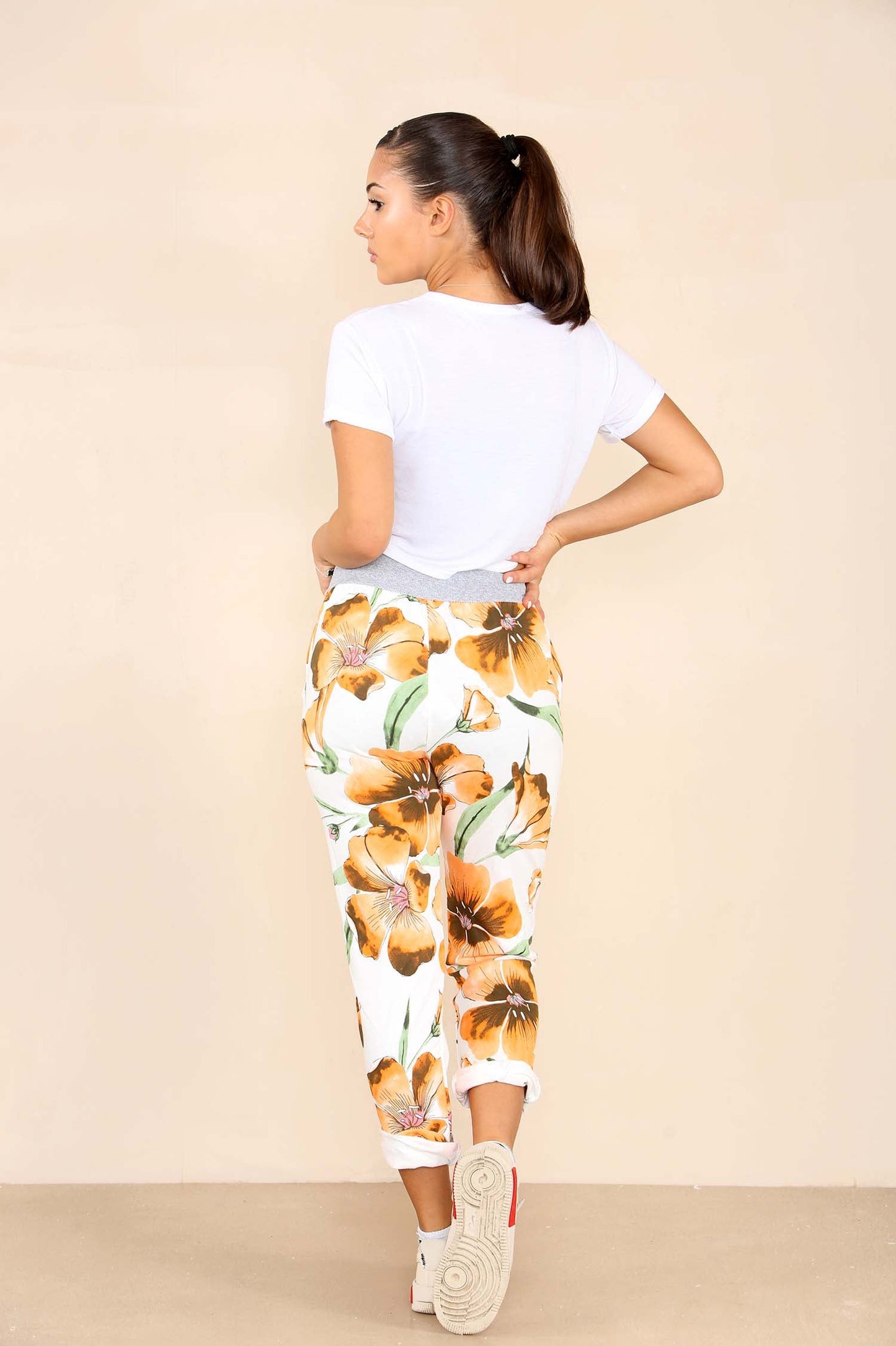 Italian Floral Print Drawstring Cotton Joggers