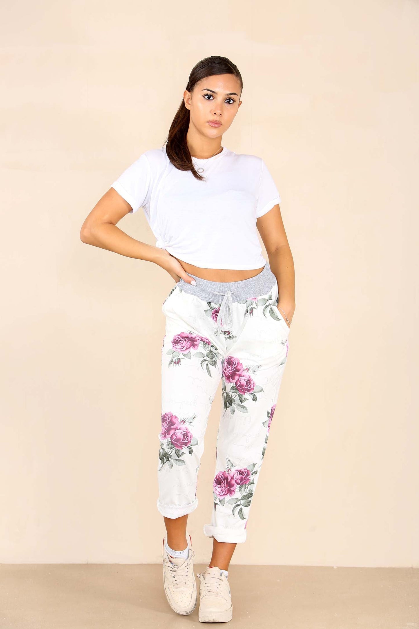 Italian Floral Print Drawstring Cotton Joggers