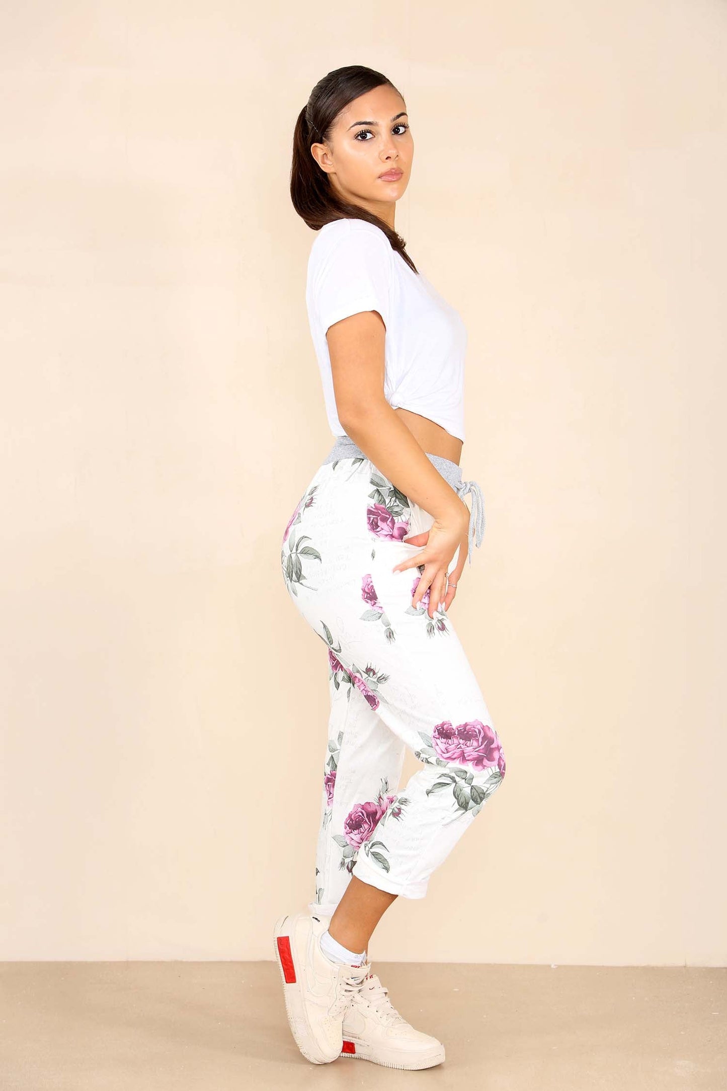 Italian Floral Print Drawstring Cotton Joggers