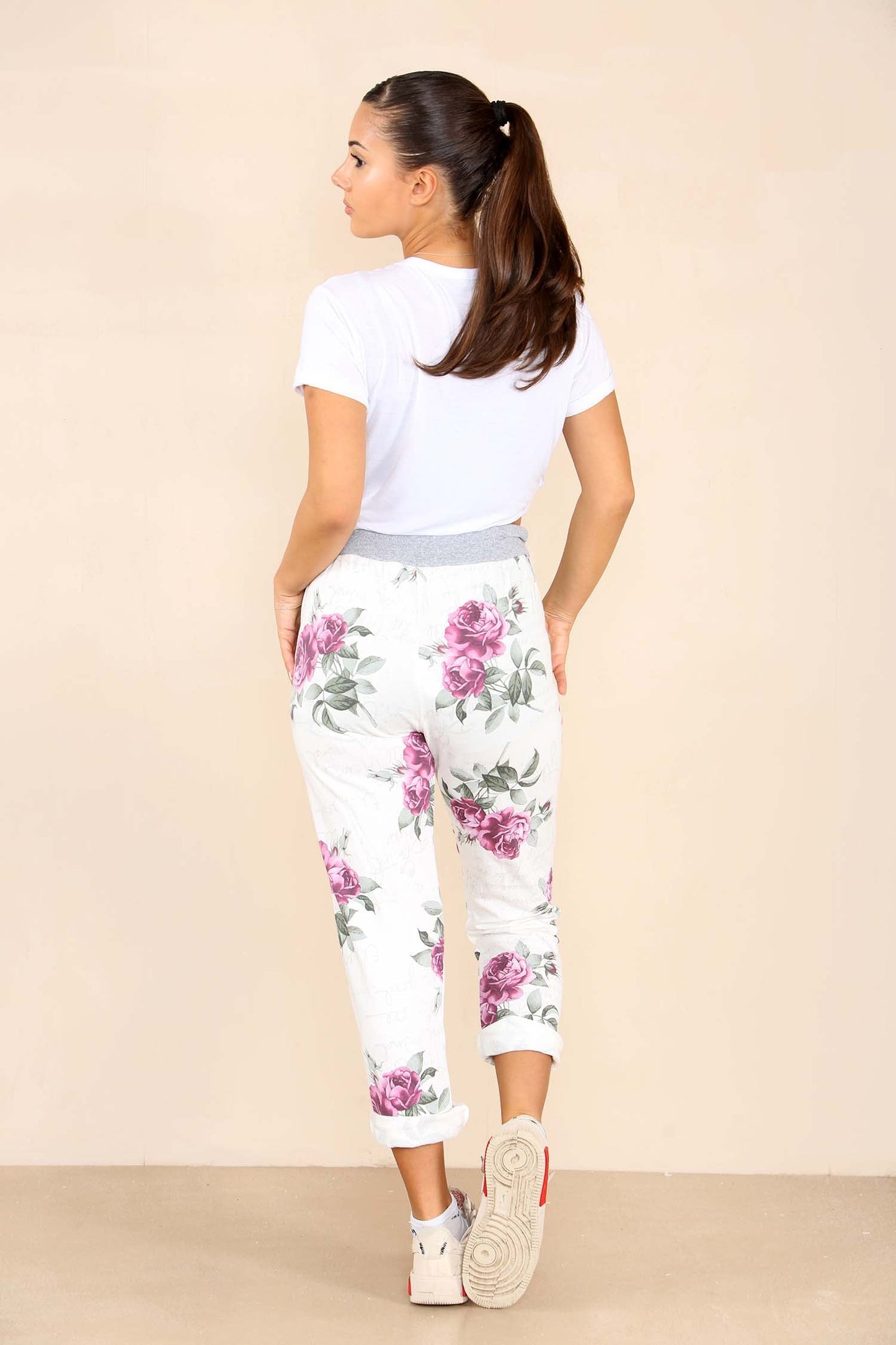 Italian Floral Print Drawstring Cotton Joggers