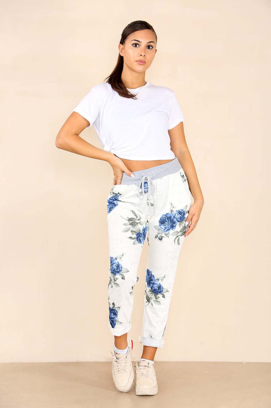 Italian Floral Print Drawstring Cotton Joggers