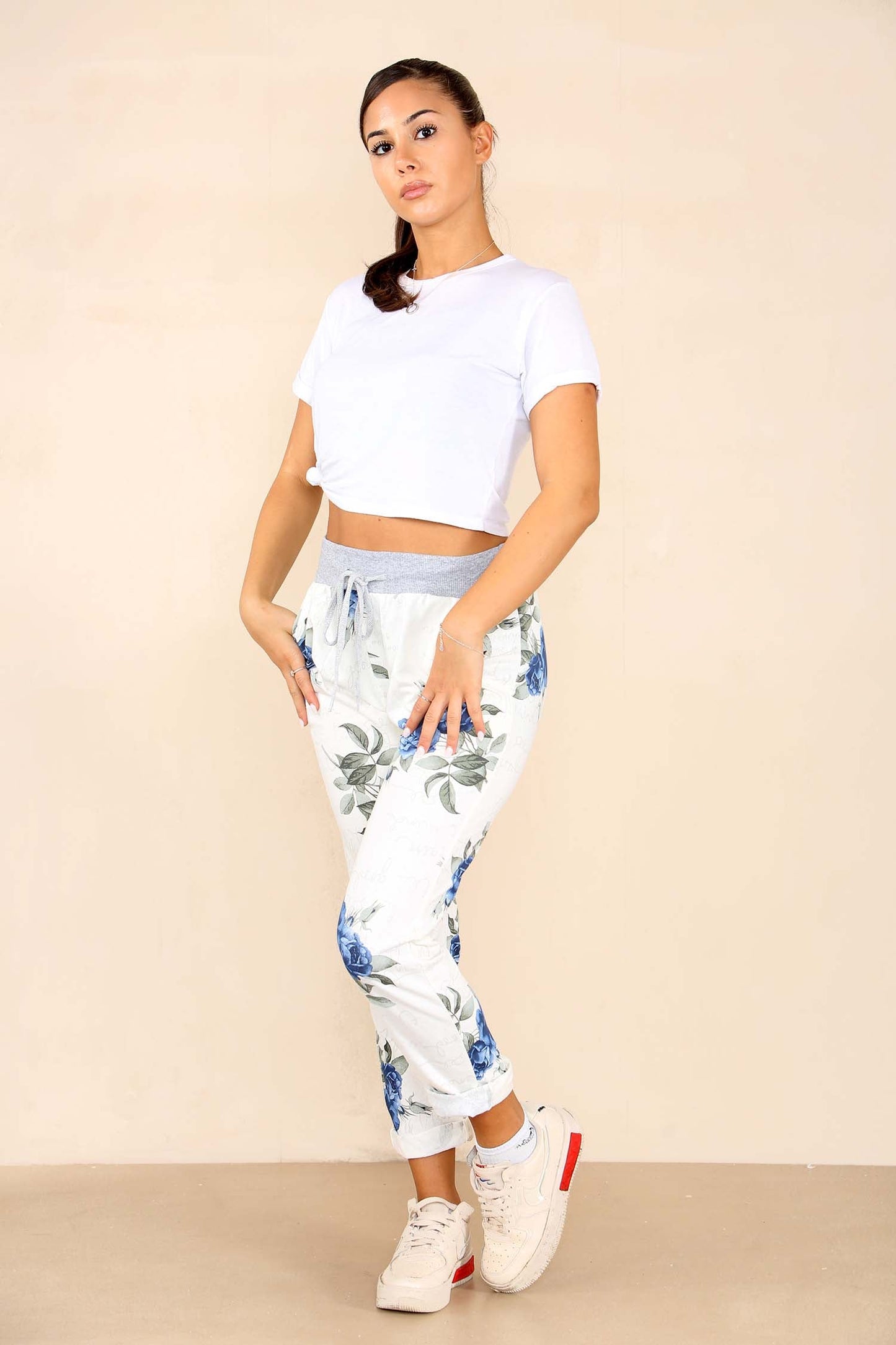 Italian Floral Print Drawstring Cotton Joggers