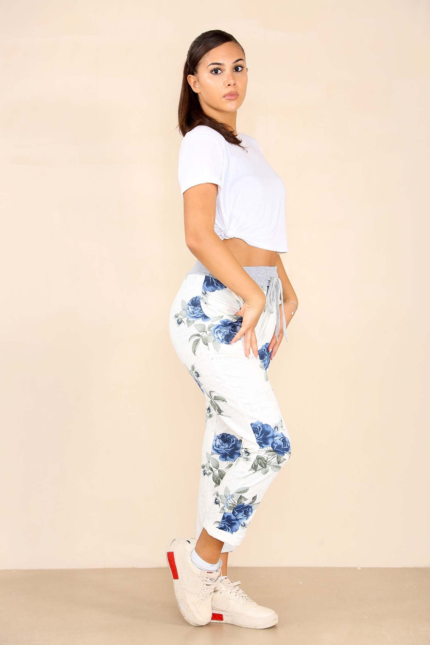 Italian Floral Print Drawstring Cotton Joggers