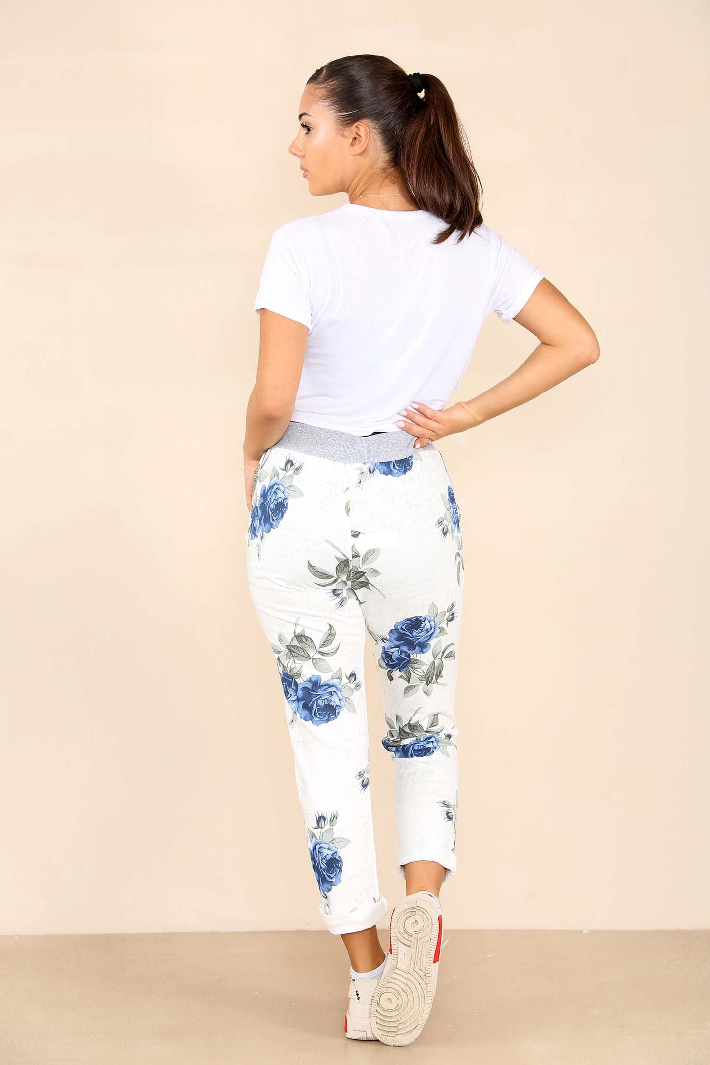 Italian Floral Print Drawstring Cotton Joggers