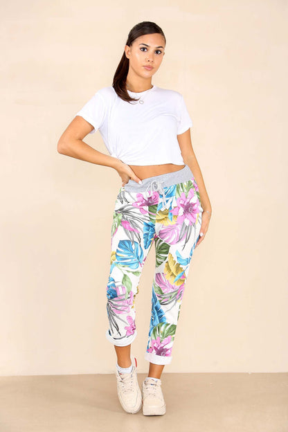 Italian Floral Print Drawstring Cotton Joggers