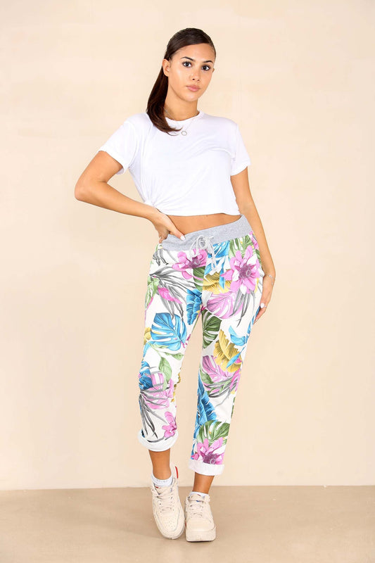 Italian Floral Print Drawstring Cotton Joggers