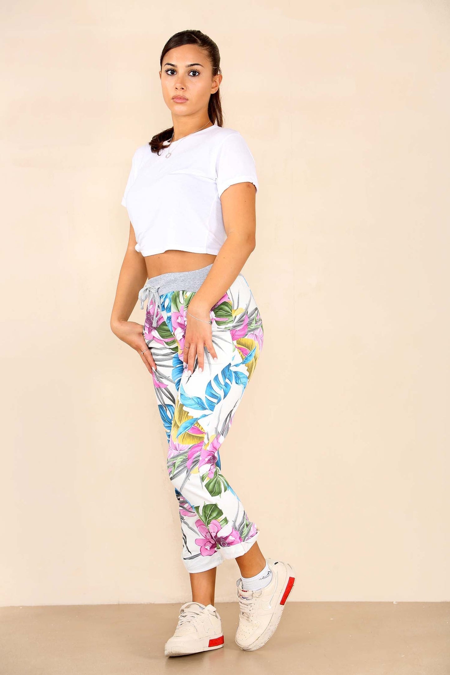 Italian Floral Print Drawstring Cotton Joggers