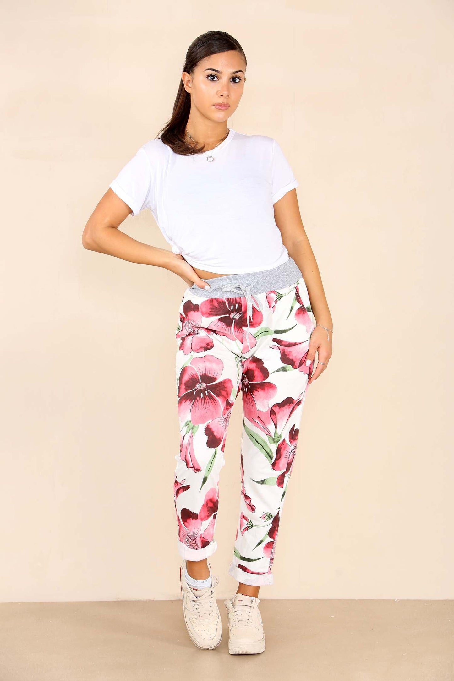 Italian Floral Print Drawstring Cotton Joggers
