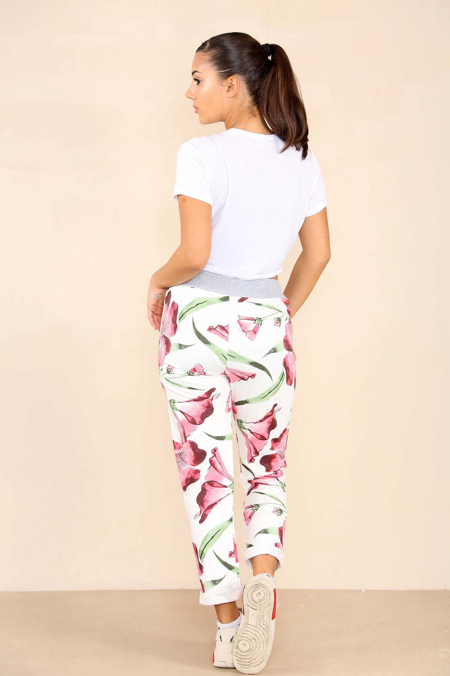 Italian Floral Print Drawstring Cotton Joggers