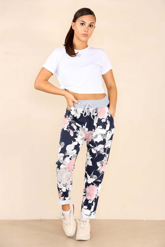 Italian Floral Print Drawstring Cotton Joggers