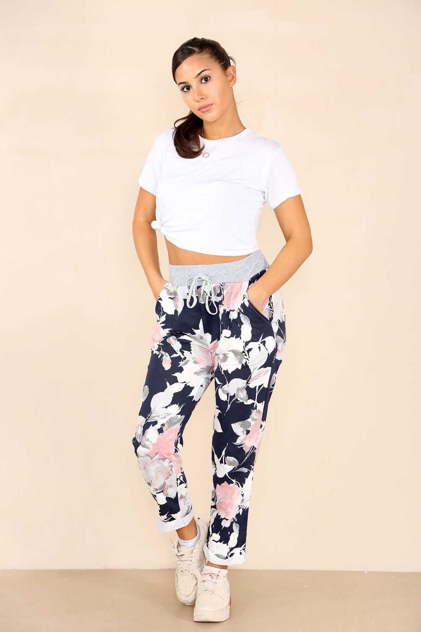 Italian Floral Print Drawstring Cotton Joggers