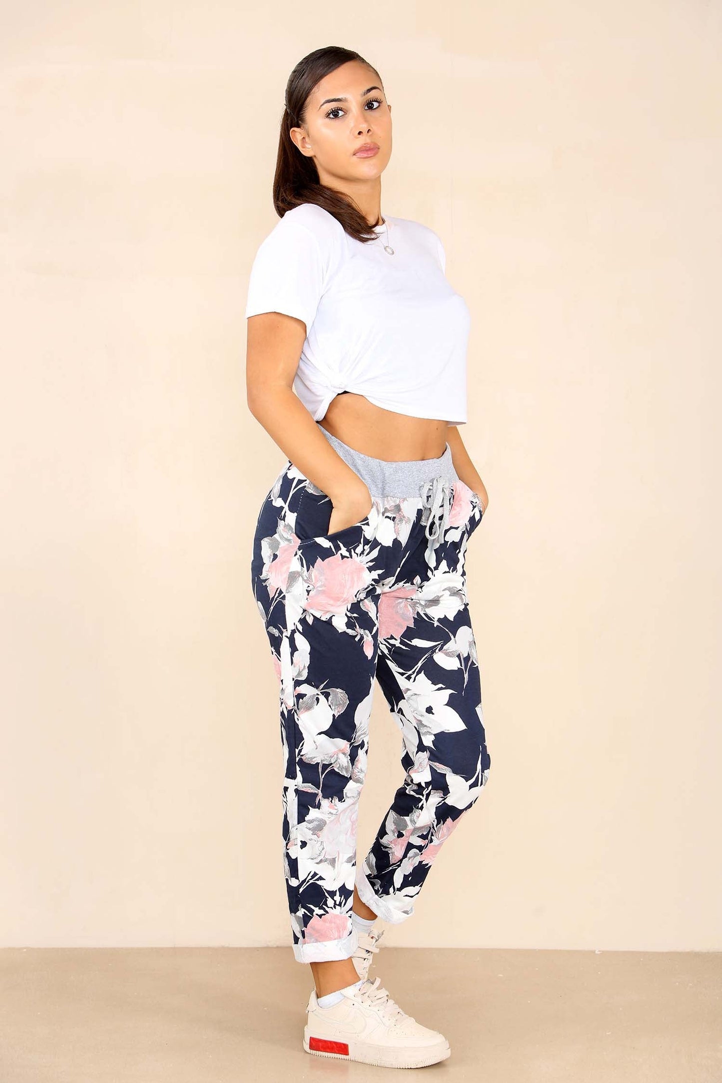 Italian Floral Print Drawstring Cotton Joggers
