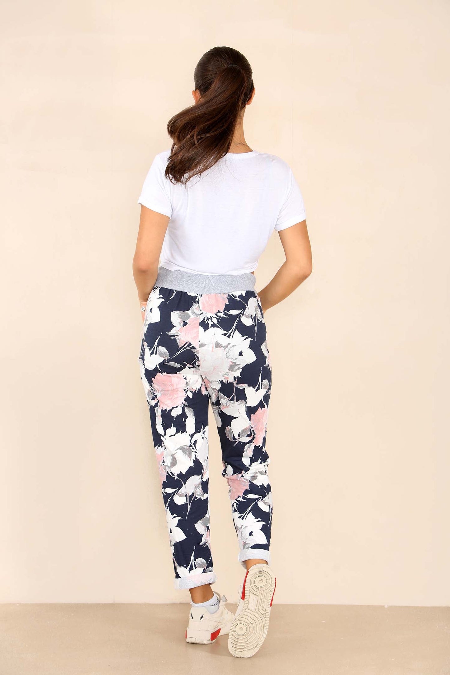 Italian Floral Print Drawstring Cotton Joggers