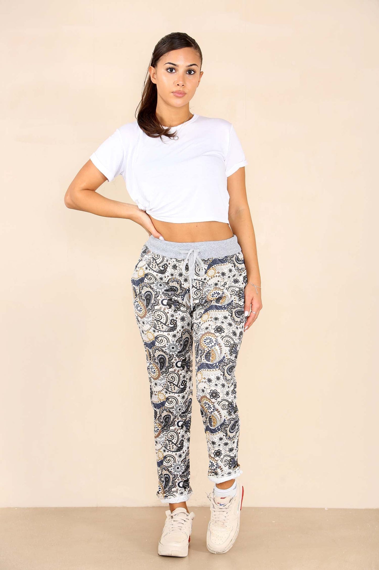 Italian Floral Print Drawstring Cotton Joggers