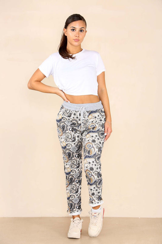 Italian Floral Print Drawstring Cotton Joggers