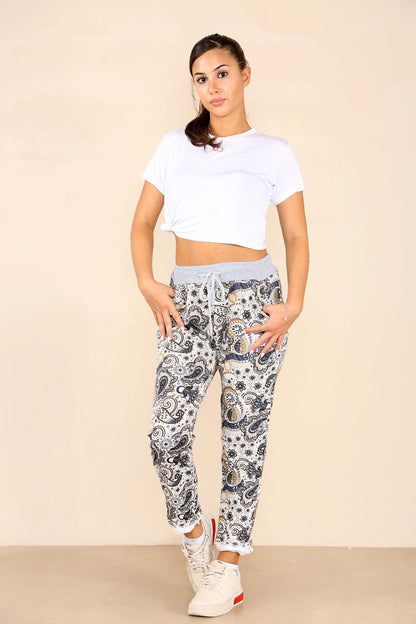 Italian Floral Print Drawstring Cotton Joggers