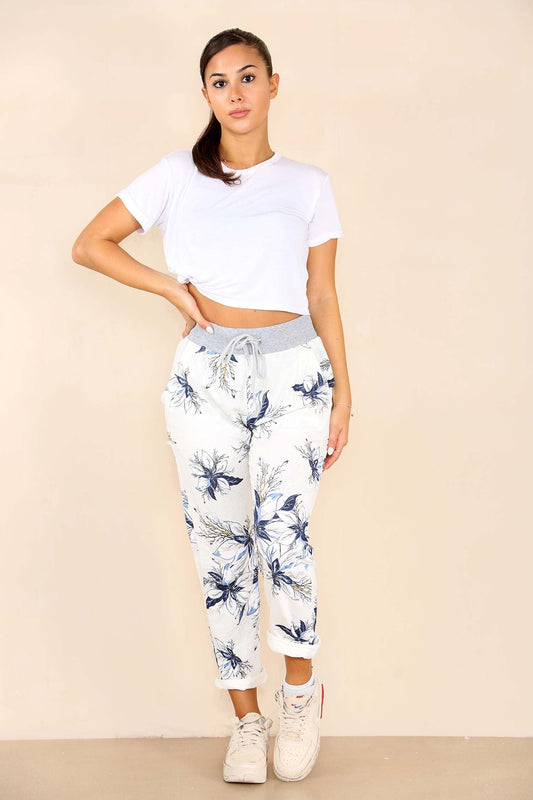 Italian Floral Print Drawstring Cotton Joggers