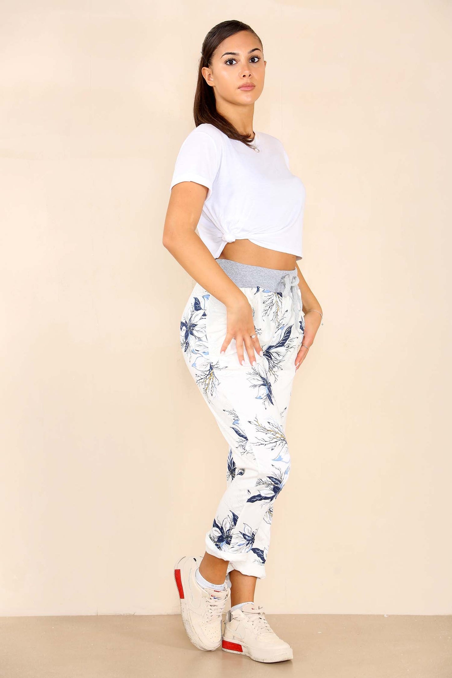 Italian Floral Print Drawstring Cotton Joggers