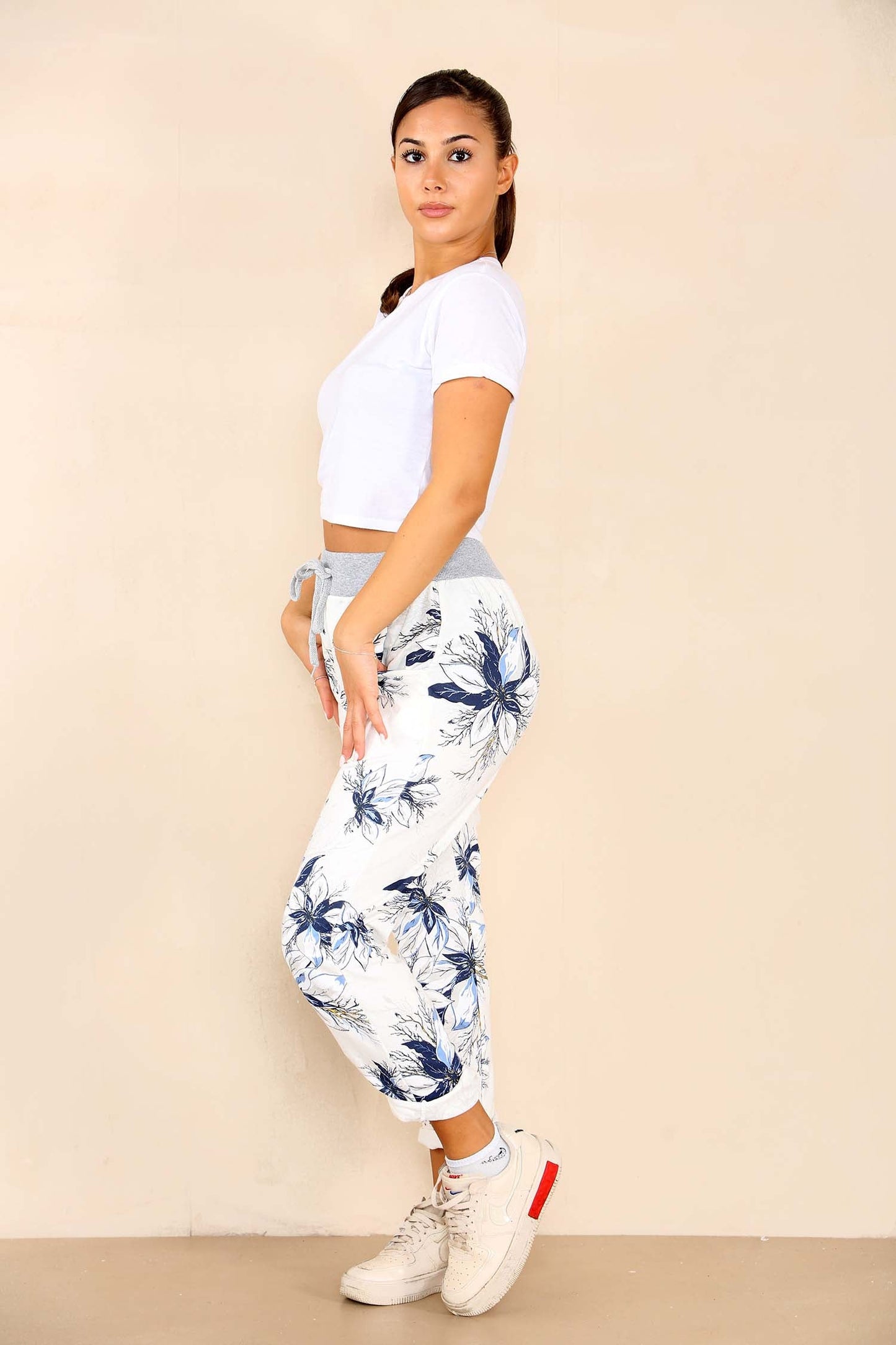 Italian Floral Print Drawstring Cotton Joggers