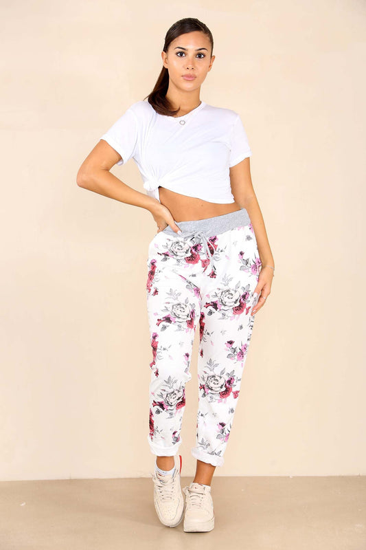 Italian Floral Print Drawstring Cotton Joggers