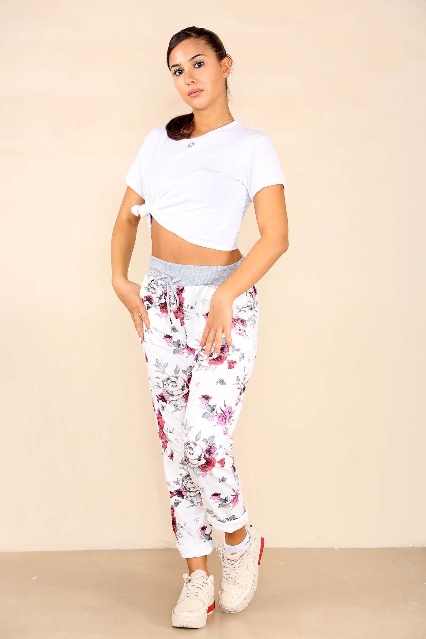 Italian Floral Print Drawstring Cotton Joggers