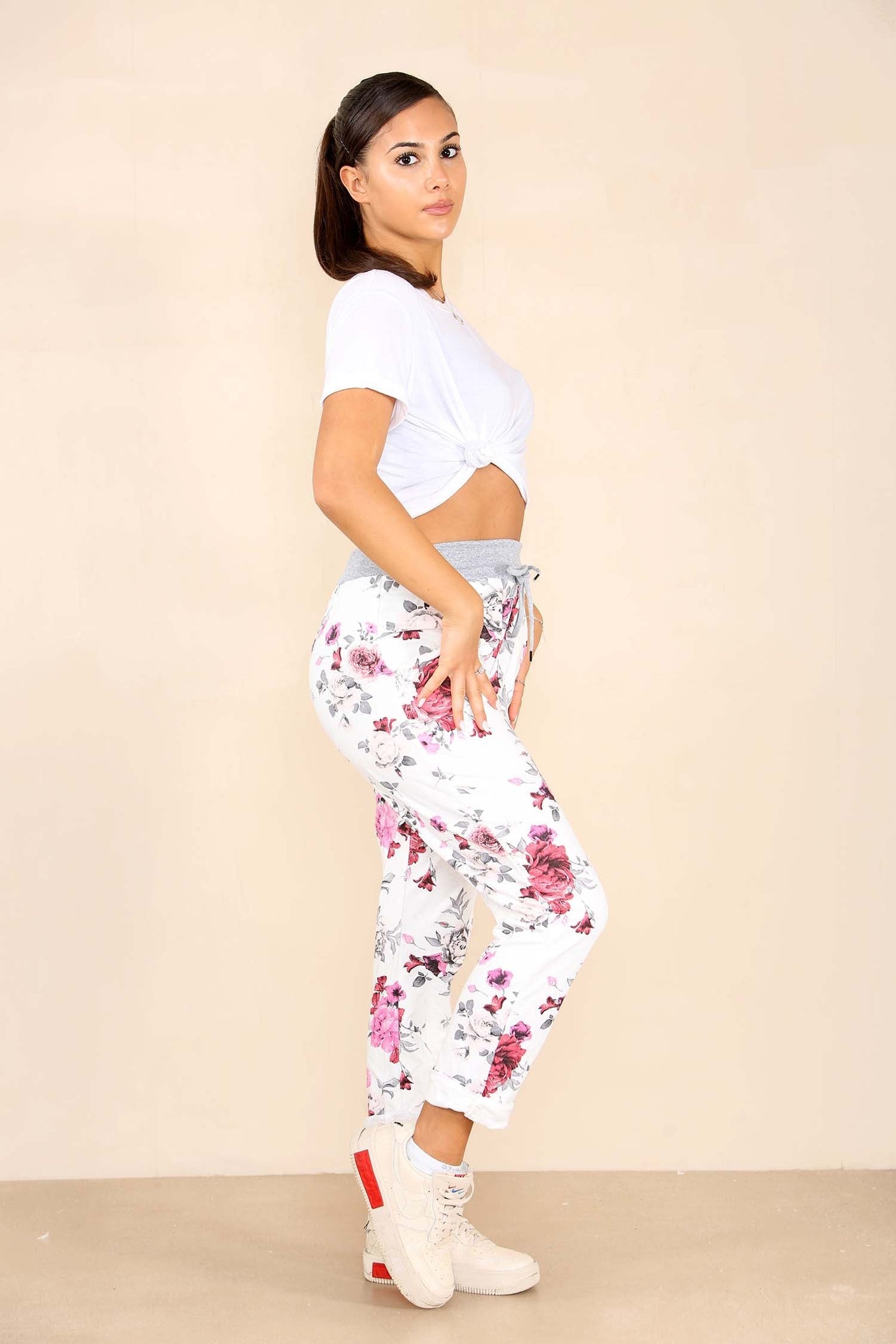 Italian Floral Print Drawstring Cotton Joggers