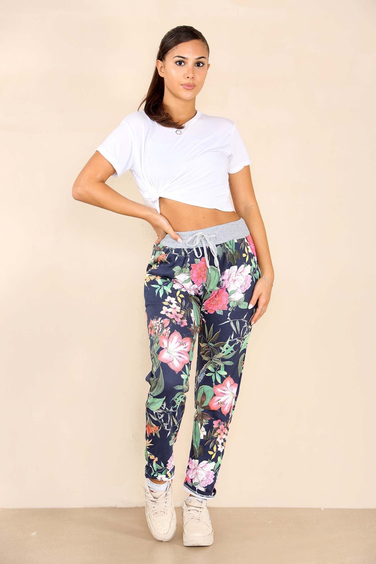 Italian Floral Print Drawstring Cotton Joggers