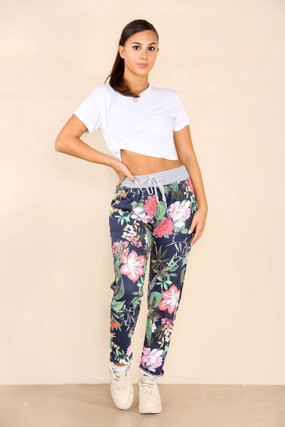 Italian Floral Print Drawstring Cotton Joggers