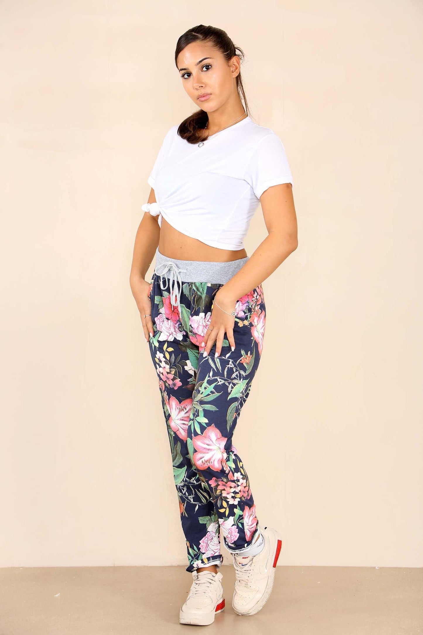 Italian Floral Print Drawstring Cotton Joggers