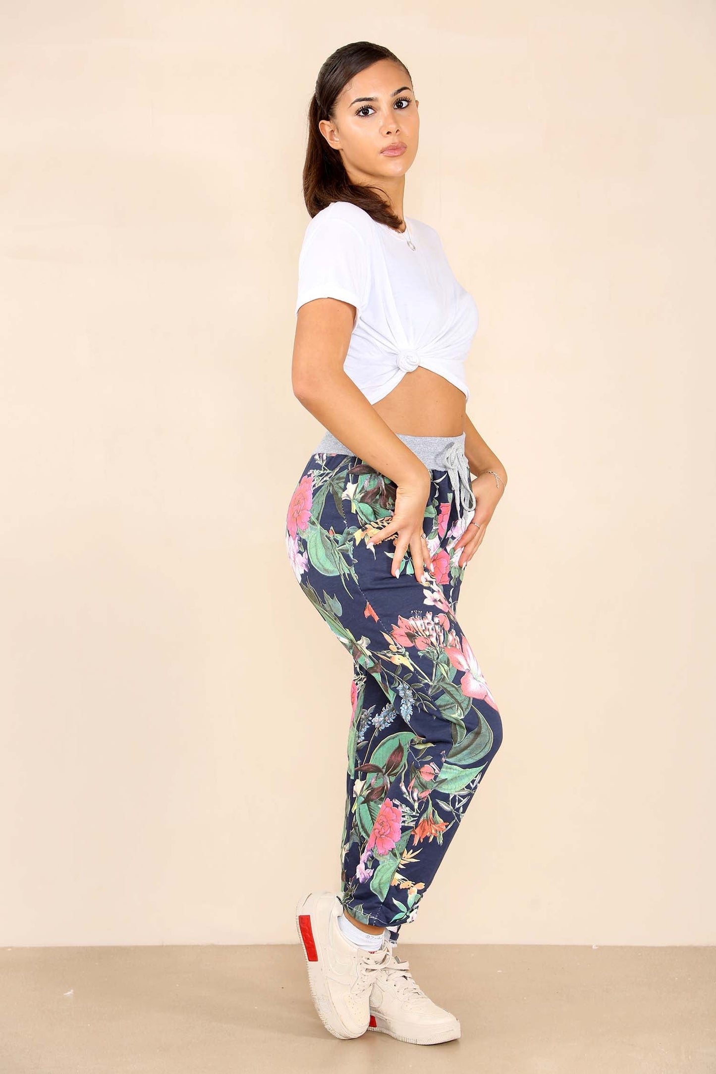 Italian Floral Print Drawstring Cotton Joggers