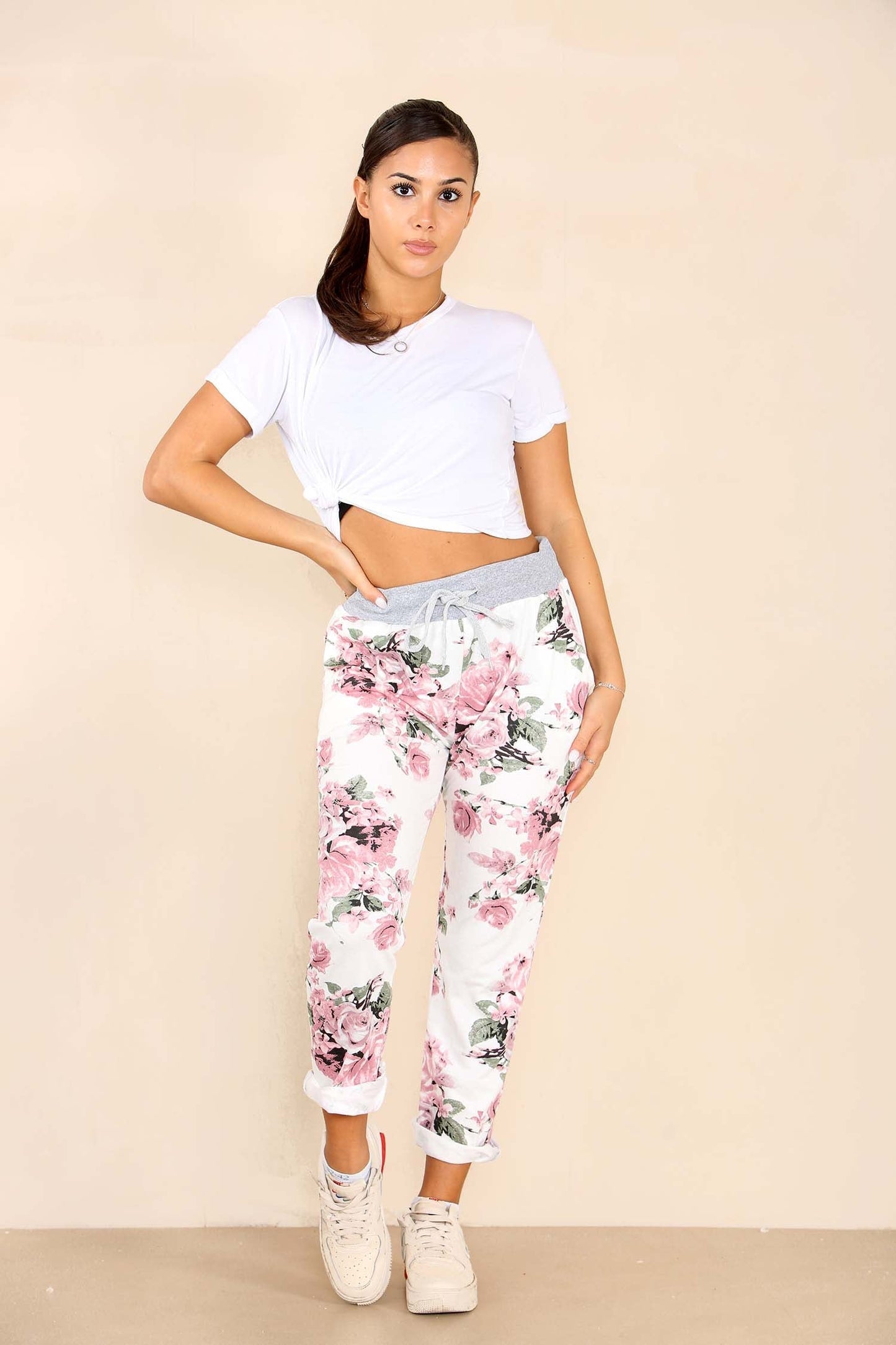 Italian Floral Print Drawstring Cotton Joggers