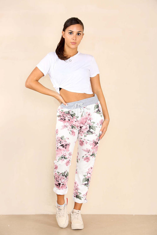 Italian Floral Print Drawstring Cotton Joggers