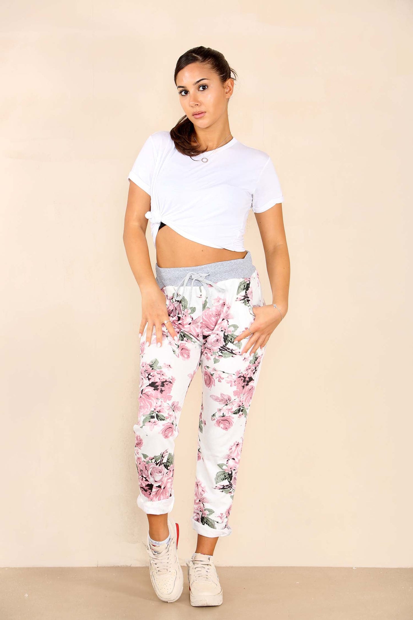 Italian Floral Print Drawstring Cotton Joggers