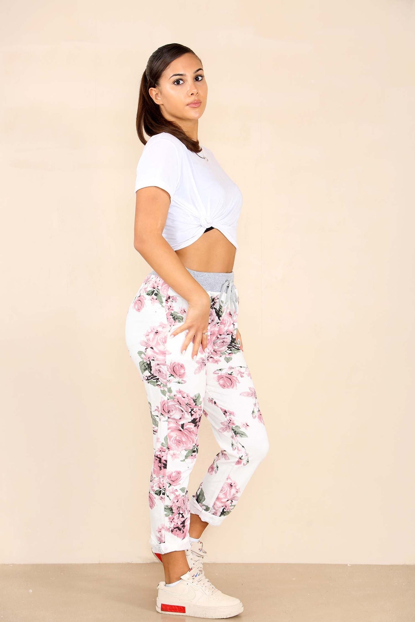 Italian Floral Print Drawstring Cotton Joggers