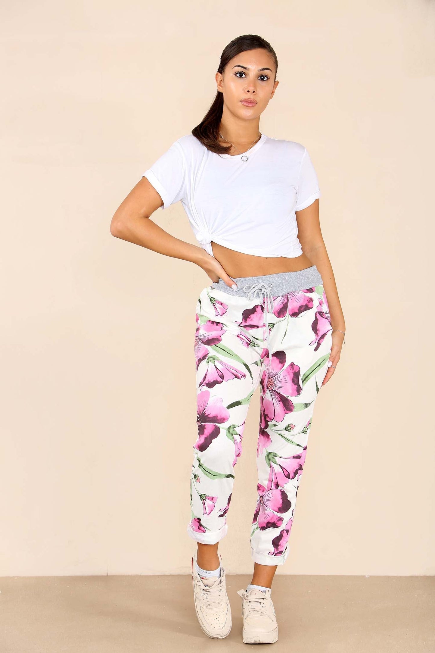 Italian Floral Print Drawstring Cotton Joggers