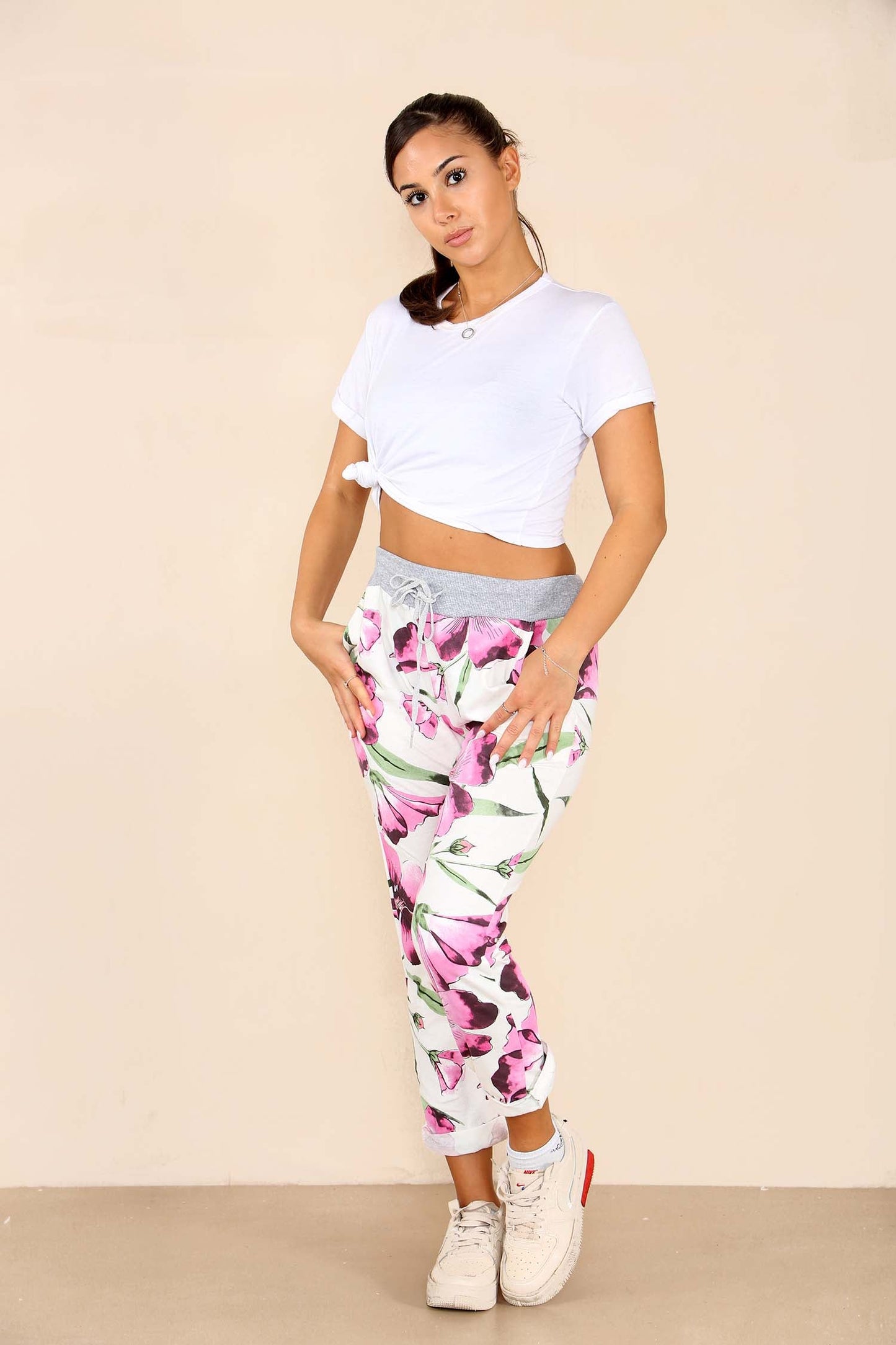 Italian Floral Print Drawstring Cotton Joggers