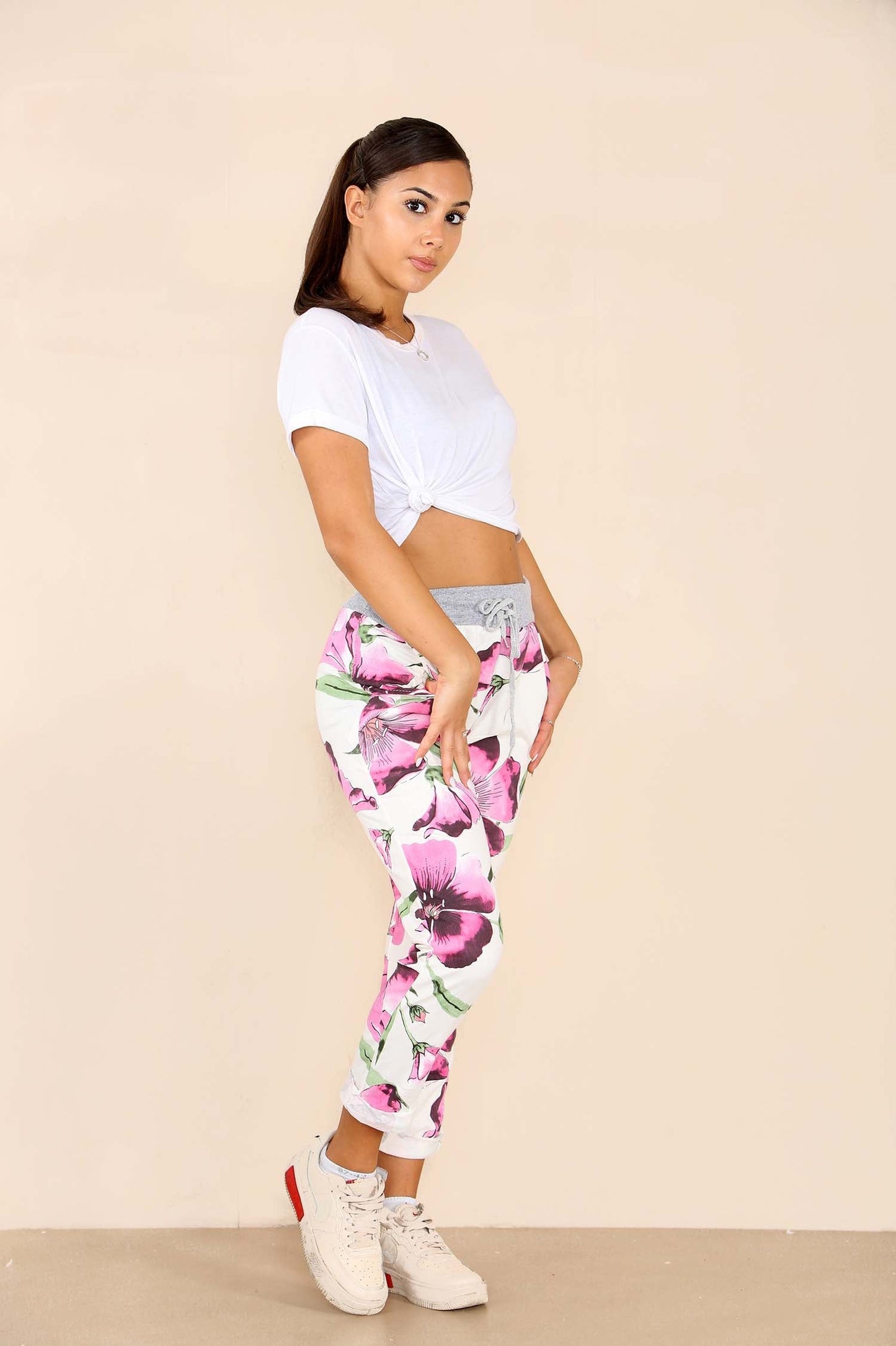 Italian Floral Print Drawstring Cotton Joggers