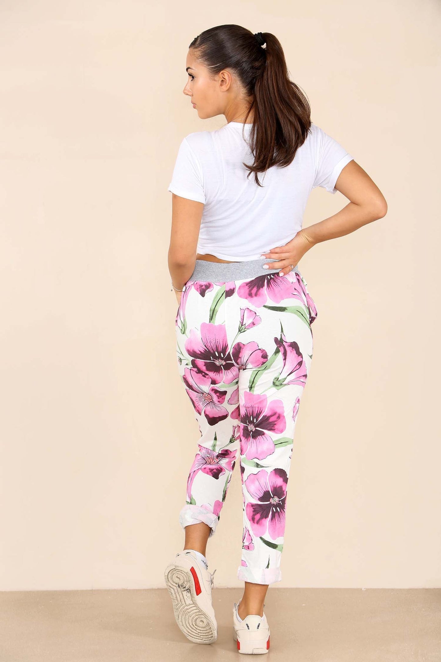 Italian Floral Print Drawstring Cotton Joggers