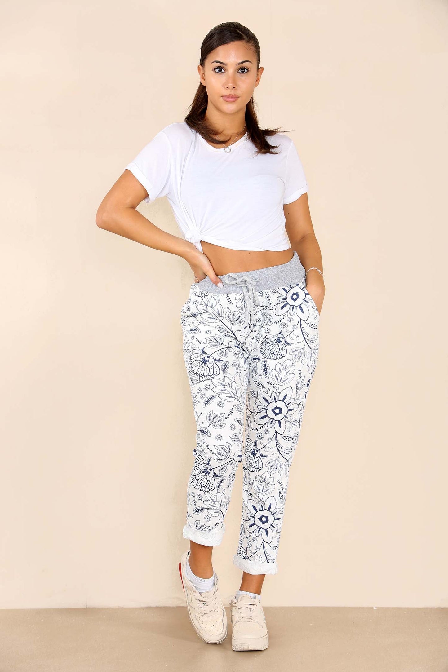 Italian Flower Bale Print Drawstring Cotton Joggers